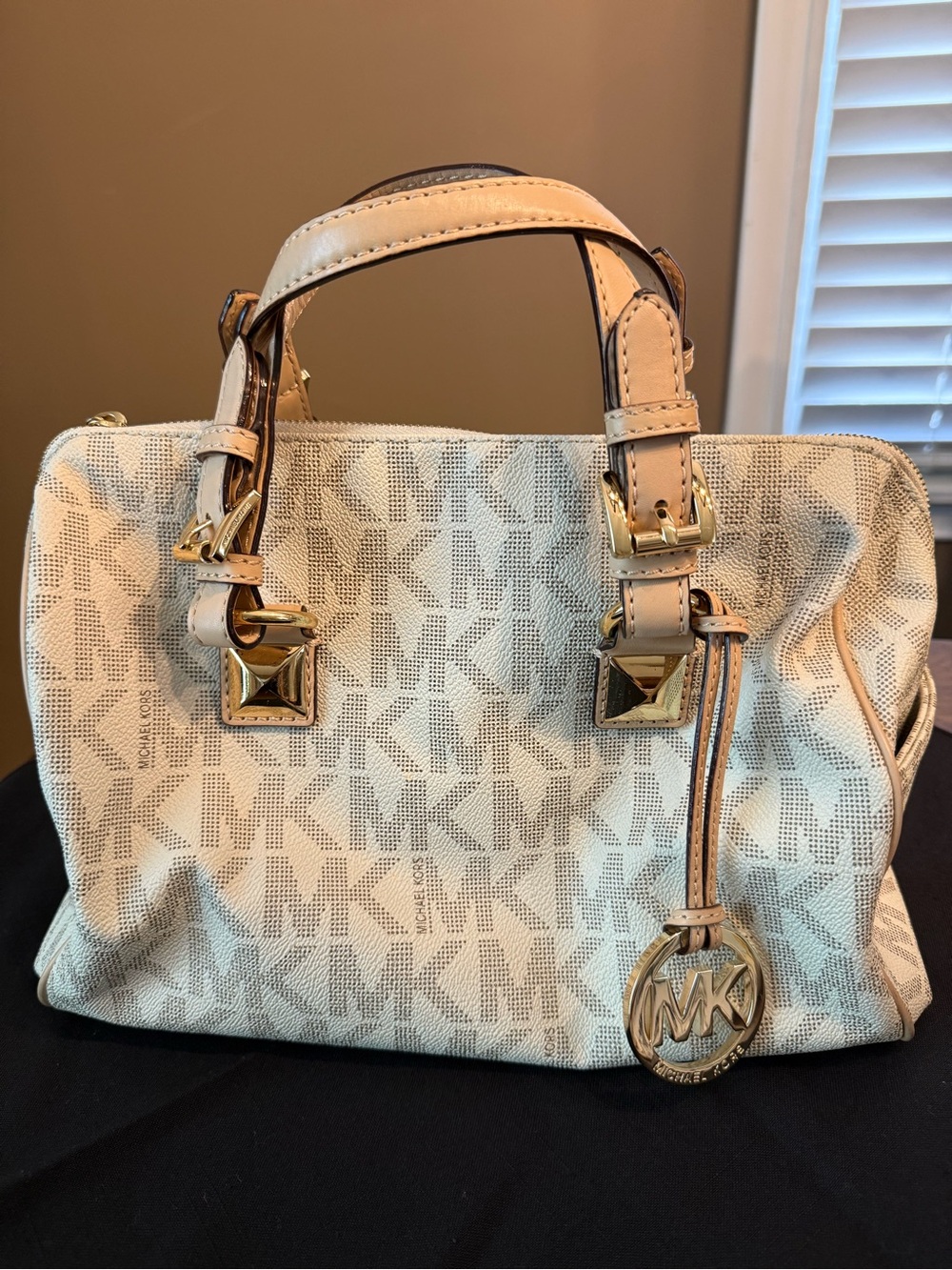 Michael Kors Beige and White Signature Logo Satchel with Gold Hardware